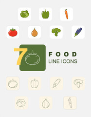 7 food line icons. Colored and colorless.
