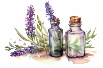 Obraz na płótnie Canvas two glass bottles with lavender flowers in watercolor. Generative AI