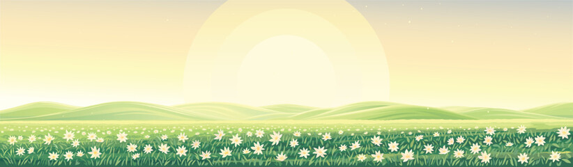 Rural landscape with hills in the background and a flowering meadow with a carpet of large flowers in the foreground. Vector illustration.