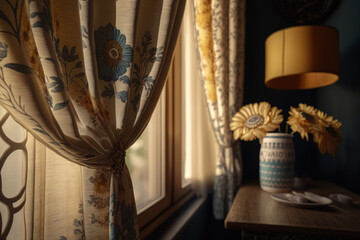 Beautiful floral curtains with traditional design on windows, creating a cozy atmosphere.