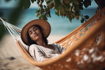 Woman on Vacation Relaxing in a Hammock on a Tropical Beach (Generative AI)