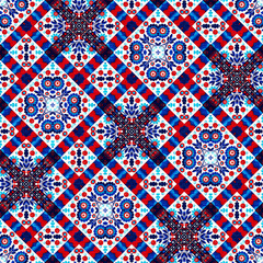 Folkart quilt traditional pattern. Patchwork red white blue trendy allover print. Norwegian style European cloth. 