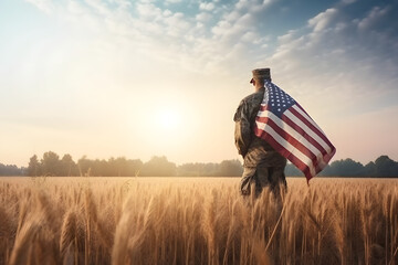 Military Soldier in miitary gear from behind in a sunny wheat field landscape holding an american flag