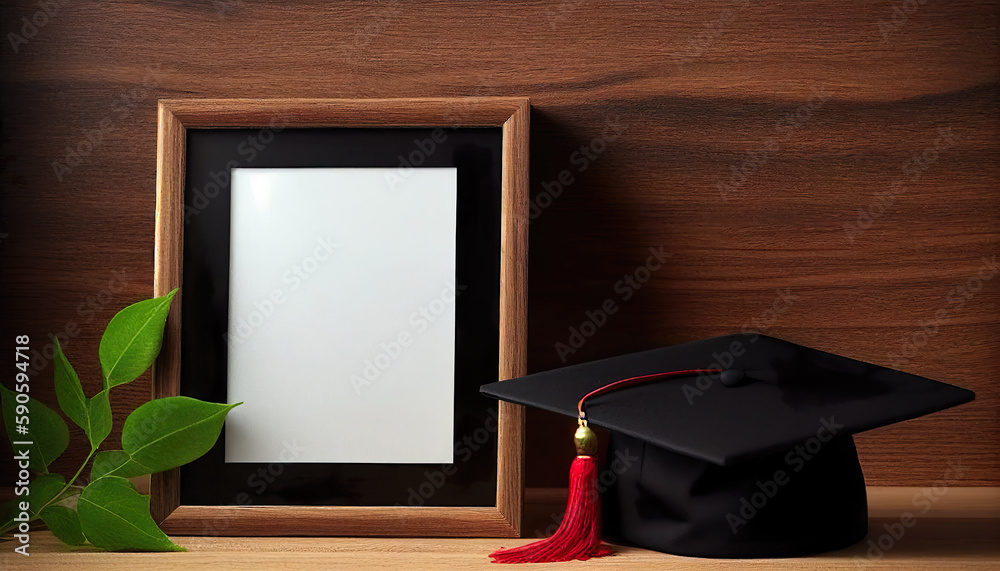 Wall mural Photo frame with graduation cap for celebration. Graduation cap with diploma and blank wood frame. AI Generated. - Wall murals