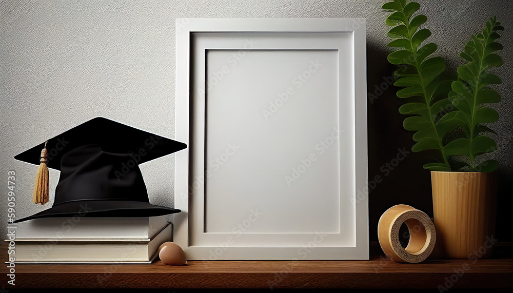 Wall mural white frame with graduation cap for celebration. graduation cap with diploma and blank wood frame. a