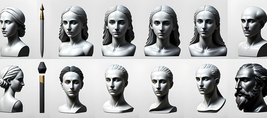 Sculptor art, illustration Clipart Graphics pack. Bust and elements of sculpture