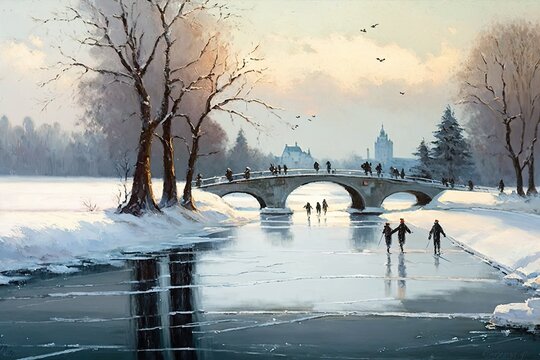 Ice skaters and skiers on a frozen lake. Icy winter river with a bridge. Old fashioned oil watercolor painting