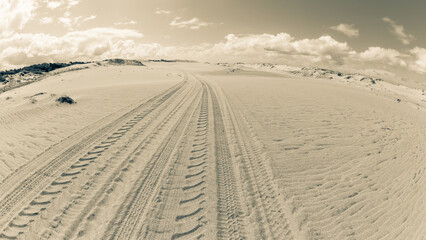 Beach Sand Tractor Tyre Tracks Dunes Sepia Toned Horizon Landscape