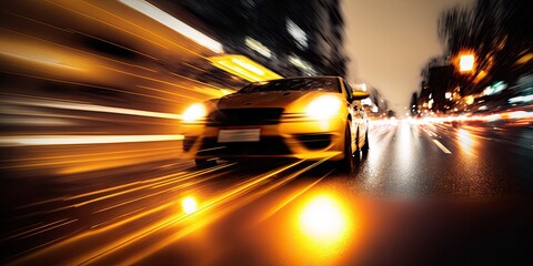 Speeding car in the night. Traffic rushing through the streets. Yellow luxury sports car photograph with night lights