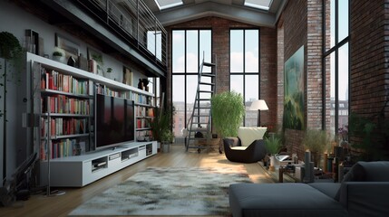 Fototapeta na wymiar Loft style apartment interior with panoramig windows , generative AI