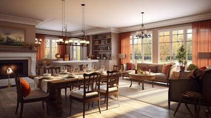 Fototapeta na wymiar Cozy Scandinavian family house interior with fireplace , generative AI