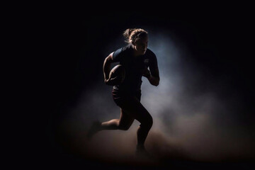 Fototapeta na wymiar Silhouette of a Woman Rugby Player Running with the Rugby Ball with Backlight, Generative AI