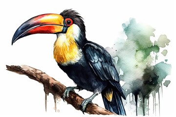 Fototapeta premium colorful toucan perched on a tree branch in a tropical setting. Generative AI