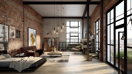 Loft style apartment interior with bedroom , generative AI