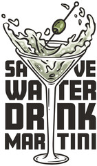 Martini vector with olives and splashes for alcohol cocktail bar or drink party. Logo design with glass of martini for bartender or barman