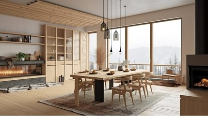 Scandinavian style family house interior with raw wooden details, generative AI