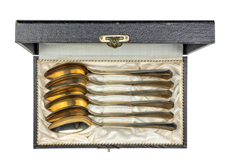Set of golden vintage coffee dessert spoons in black box
