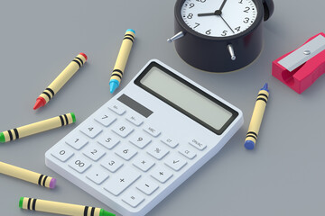 Fototapeta na wymiar Calculator and stationery supplies. Back to school concept. Office supplies. Financial crisis. Home, family budget. Higher education. 3d render