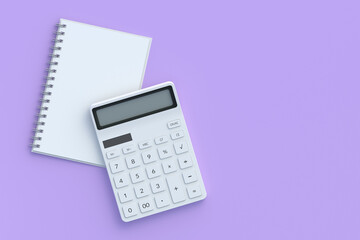 Calculator and blank paper notebook. Back to school concept. Office supplies. Financial crisis. Home, family budget. Higher education. Top view. Copy space. 3d render