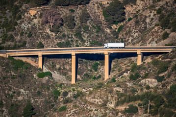 Truck with refrigerated trailer driving through a viaduct between mountains, aerial view.
