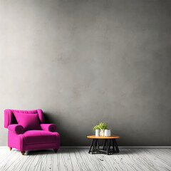 A pink chair in a room with a small table and a plant on it, and wall empty gray