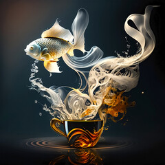 A fish jumping out of a cup with liquid and a fish jumping out of it.