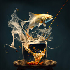 A fish jumping out of a cup with liquid and a fish jumping out of it.