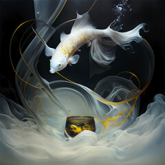 A painting of a fish that is in the air