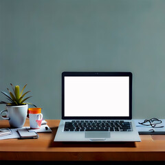 A laptop with a white screen is sitting on a desk with a cup of tea and a book.