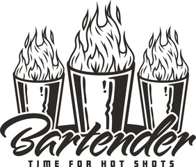 Bartender shot with fire for bartending. Steel glass with flame for barman of cocktail bar.