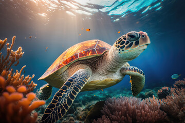 Fototapeta premium Image for 3d water floor. Underwater world. Turtle. corals. (ai generated)
