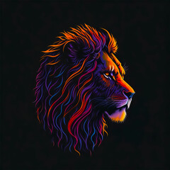 A lion with a fiery mane on a black background