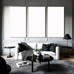 A living room minimalist with a couch and a table with a book on it and squared empty white