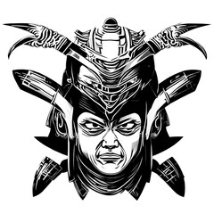 A drawing of a warrior with a helmet and a sword on his head of a samurai mask