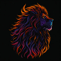 A lion with a fiery mane on a black background