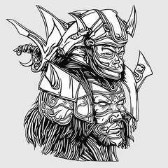 A drawing of a warrior with a helmet and a sword on his head of a samurai mask
