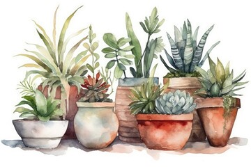 colorful collection of potted plants in a watercolor painting. Generative AI