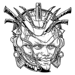 A drawing of a warrior with a helmet and a sword on his head of a samurai mask