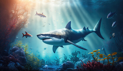 Obraz premium Animals of the underwater sea world. Ecosystem. Colorful tropical shark. Life in the coral reef. (ai generated)