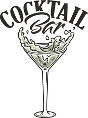 Martini vector with olives and splashes for alcohol cocktail bar or drink party. Logo design with glass of martini for bartender or barman