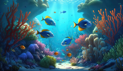 Cartoon Animals of the underwater sea world. Ecosystem. Colorful tropical fish. Life in the coral reef. (ai generated)
