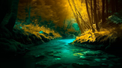 Fototapeta na wymiar A beautiful blue creek in the woods, dark yellow and light emerald, enchanting lighting, 