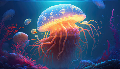 Fototapeta premium Neon jellyfish in the sea deep blue water. Abstract fantasy jellyfish on a dark background. 3D illustration. (ai generated)