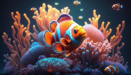 Fototapeta na wymiar Animals cartoon of the underwater sea world. Ecosystem. Colorful tropical fish. Life in the coral reef. (ai generated)