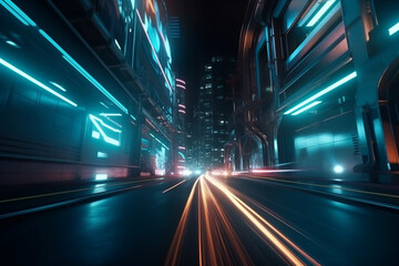 Fototapeta na wymiar Speed Motion Blur Effect And Racing Circuit Illuminated By Neon Light In The Futuristic City, Made Using Generative Ai