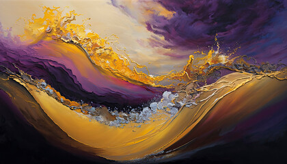 Absolutely stunning Generative Ai illustration of wave and cloud texture combined to create abstract surreal landscape background in gold and purple artwork