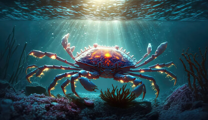 Underwater closeup picture of the mangrove ( rainbow ) crab and sunlight in the ocean coral reef (ai generated) - obrazy, fototapety, plakaty