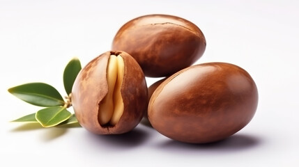 Obraz na płótnie Canvas Argan oil nuts with plant. Cosmetics and natural oils background. Generative Ai
