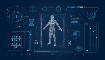 Set of infographic elements about DNA research and digital technologies.