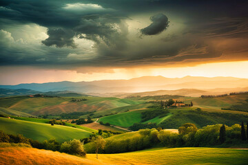 Breathtaking View of Rolling Hills in Tuscany at Golden Hour - generative ai